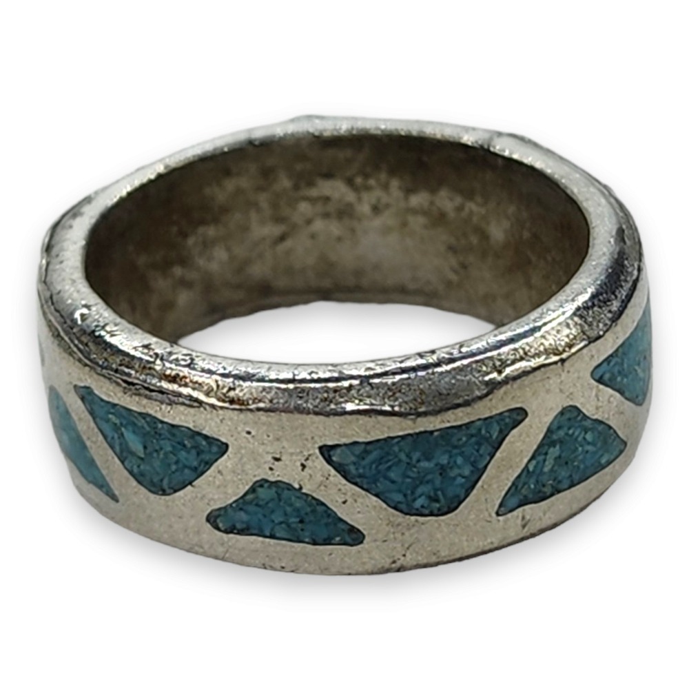 Vintage Southwestern‎ Ring Size 4.75 Nickel Silver Turquoise Chip Inlay Band